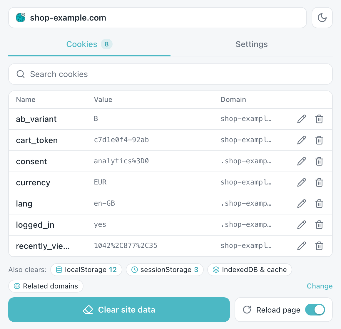 Extension window: list of cookies for the current site with edit and delete buttons and a Clear site data button
