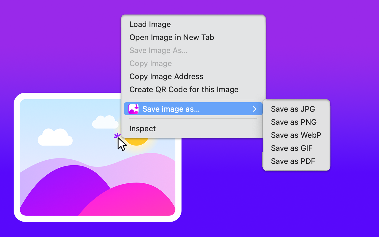 Right-click menu with Save image as and a list of formats: JPG, PNG, WebP, GIF, PDF